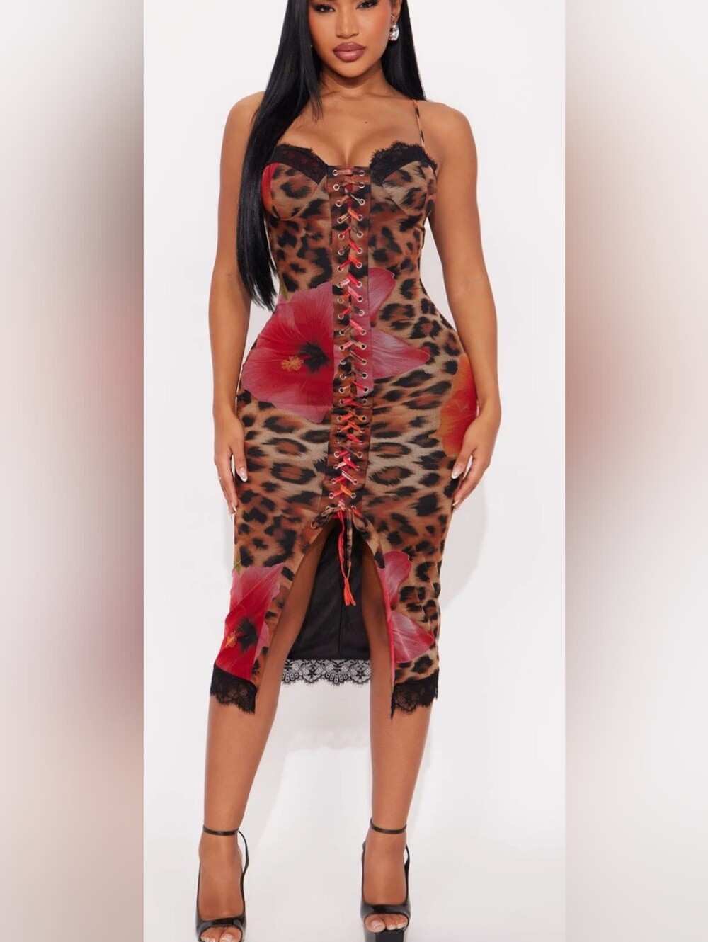 Lace-Up Leopard & Red Floral Midi Dress
